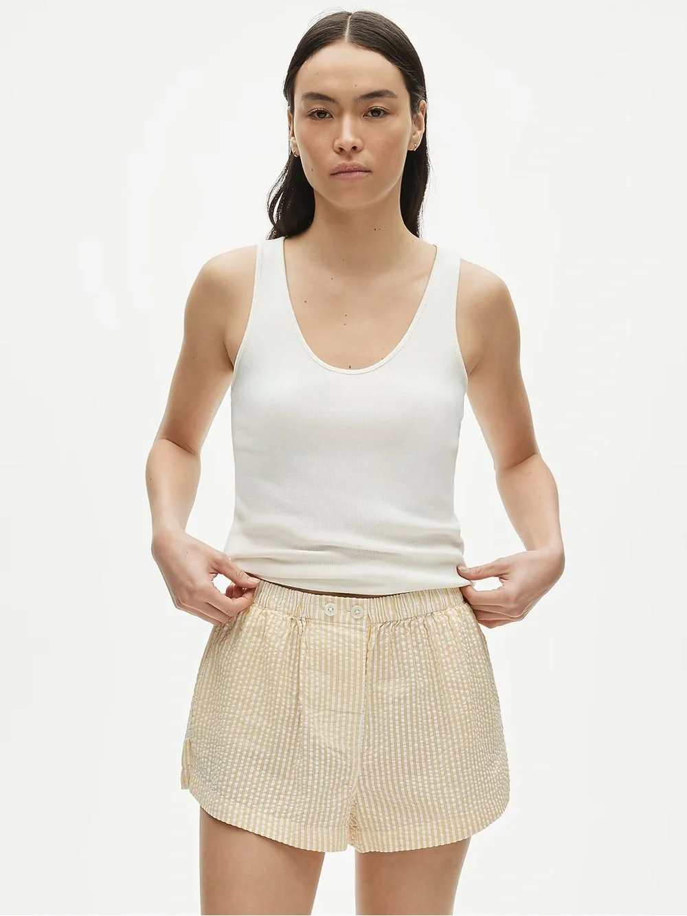 J. Crew Pale Yellow and White Striped Seersucker High-Waist Shorts - Picture 3 of 3